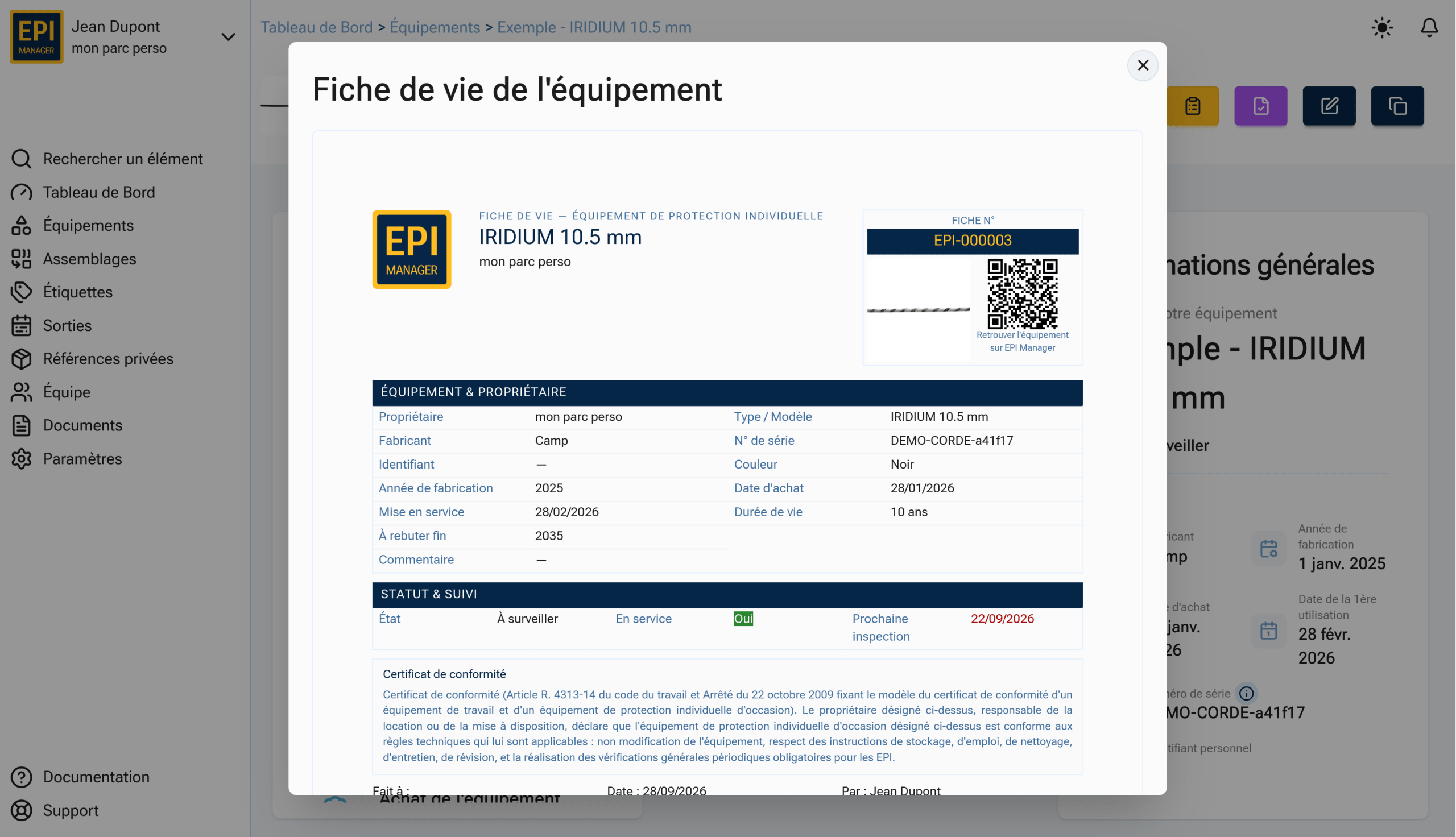 Fiche de vie d'un équipement dans EPI Manager : caractéristiques, statut, certificat de conformité et QR code